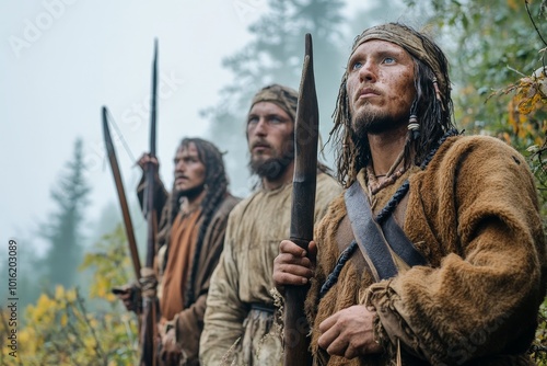 Three men in durable, rudimentary attire hold long spears, standing attentively amidst a woodland setting, conveying readiness and perseverance. photo