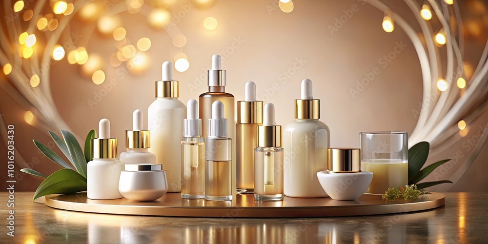 A collection of sleek, gold-capped bottles and jars filled with luxurious skincare products on a reflective golden tray, illuminated by warm, ambient lighting.