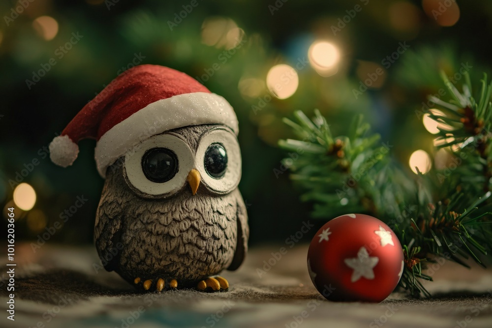 A small, festive owl figurine wearing a red Santa hat, sitting beside a red ornament with stars, surrounded by blurry Christmas lights and pine branches. A small, festive owl figurine wearing a red Santa hat, sitting beside a red ornament with stars, surrounded by blurry Christmas lights and pine branches.