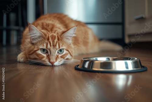 An orange tabby cat lies on a kitchen floor next to a metallic bowl, expressing a patient and thoughtful demeanor in a modern domestic environment.