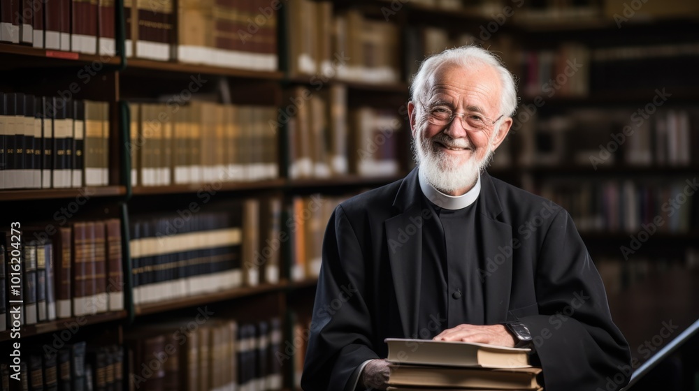 A smiling elderly academic in robes, surrounded by books, emanates wisdom and warmth in a grand, classic library setting. A smiling elderly academic in robes, surrounded by books, emanates wisdom and warmth in a grand, classic library setting.