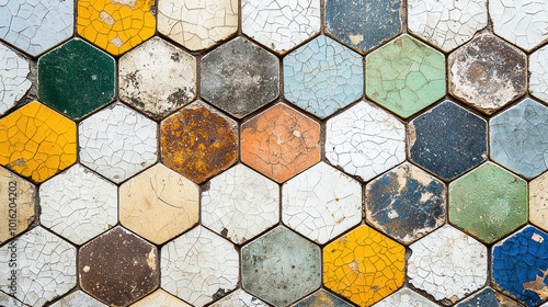 An eye-catching vintage mosaic pattern formed by colorful cracked hexagonal tiles, highlighting an artistic decay aesthetic and the beauty of imperfection.