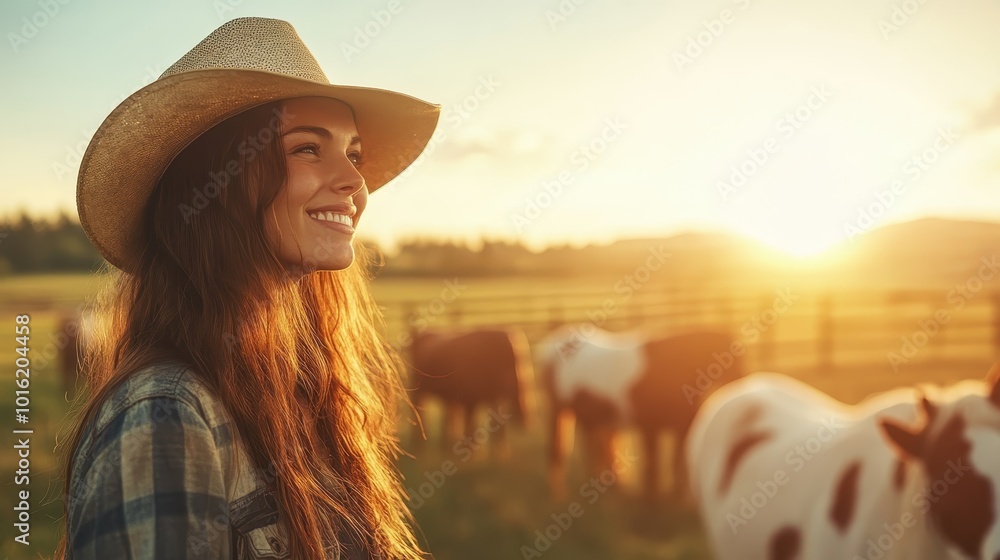 © familymedia - Happy woman wearing a straw hat smiles in a sunlit farm field with cows grazing in the background, epitomizing pastoral joy, contentment, and rustic life charm.