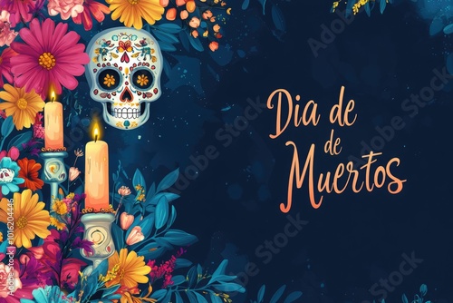 Día de Muertos illustration with female sugar skulls, flowers, candles on dark blue background  with copy space Design for Day of the Dead festival poster or party invitation flyer banner template