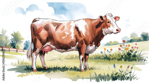 An illustration of a cow. The cow is standing on a grassy field. There are flowers in the background. watercolor texture.
