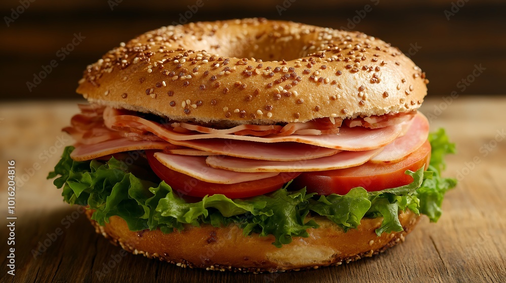 A close-up of an entire bagel sandwich with lettuce, tomato, and ham slices on top A close-up of an entire bagel sandwich with lettuce, tomato, and ham slices on top