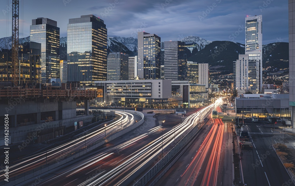 Fototapeta premium A bustling urban scene during the evening hours