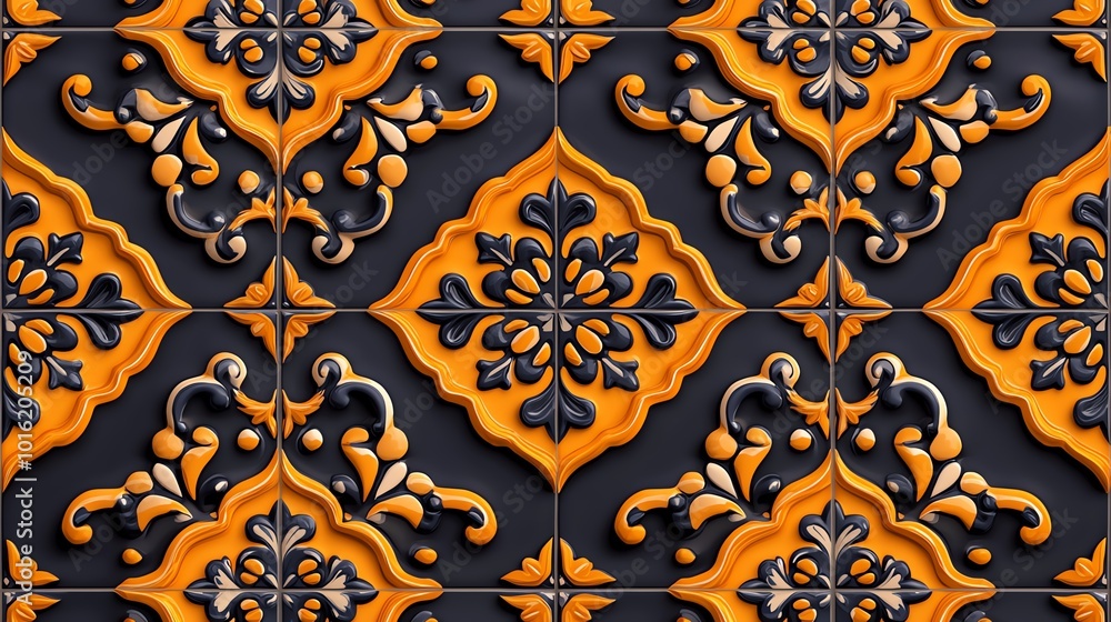 Intricate black and orange floral tile pattern. Intricate black and orange floral tile pattern.