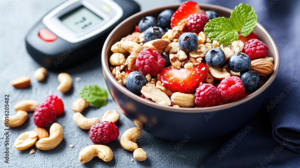 A nutritious bowl with granola, berries, almonds, and cashews beside a fitness tracker A nutritious bowl with granola, berries, almonds, and cashews beside a fitness tracker