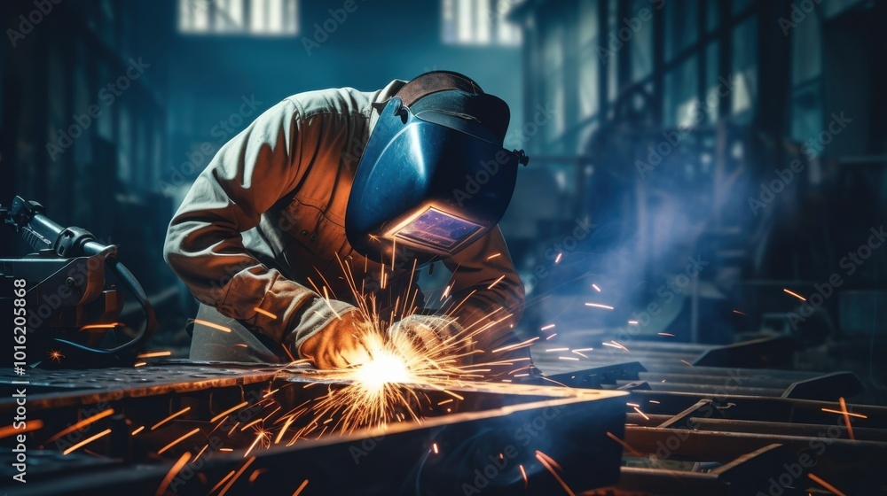 A skilled welder, clad in protective gear, is focused on crafting metal with a shower of sparks in a dimly lit workshop. A skilled welder, clad in protective gear, is focused on crafting metal with a shower of sparks in a dimly lit workshop.