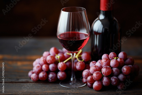 A glass of red wine with a wine bottle and bunches of red grapes on a wooden surface, against a dark background.