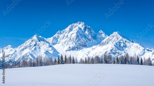 Wallpaper Mural Rugged snow-covered mountain range with a clear, icy blue sky and scattered pine trees at the base  Torontodigital.ca