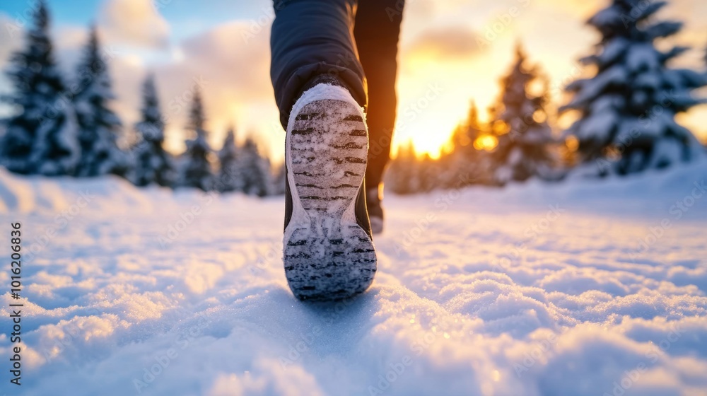 Running legs in grey sport shoes creating a trail of kicked-up snow, frosted pine trees lining the snowy path, bright winter sun breaking through clouds Running legs in grey sport shoes creating a trail of kicked-up snow, frosted pine trees lining the snowy path, bright winter sun breaking through clouds