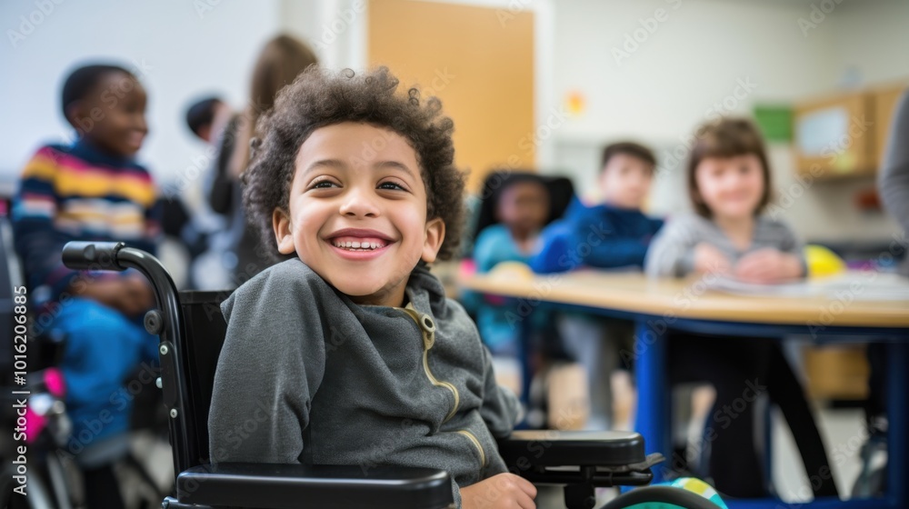 A cheerful boy in a wheelchair beams confidently, surrounded by a lively classroom, radiating positivity and determination. A cheerful boy in a wheelchair beams confidently, surrounded by a lively classroom, radiating positivity and determination.