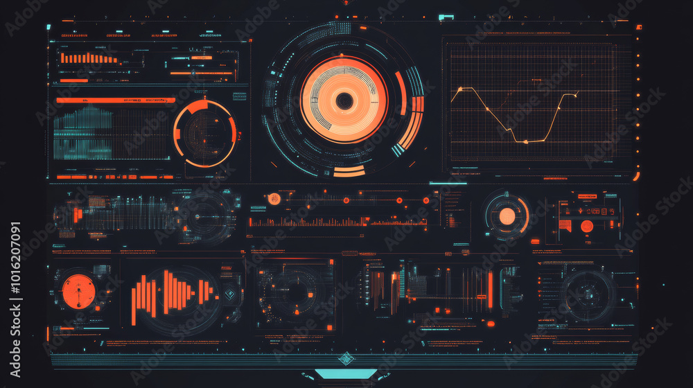 A HUD (Heads-Up Display) featuring target aim controls on a futuristic screen interface, presented as a vector dashboard background. This design includes target aims on a radar screen, alongside a gam A HUD (Heads-Up Display) featuring target aim controls on a futuristic screen interface, presented as a vector dashboard background. This design includes target aims on a radar screen, alongside a gam