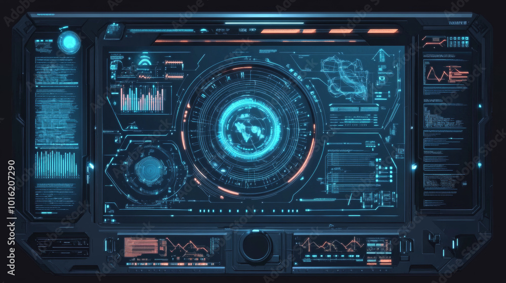 A HUD (Heads-Up Display) featuring target aim controls on a futuristic screen interface, presented as a vector dashboard background. This design includes target aims on a radar screen, alongside a gam A HUD (Heads-Up Display) featuring target aim controls on a futuristic screen interface, presented as a vector dashboard background. This design includes target aims on a radar screen, alongside a gam