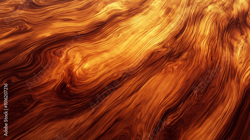 A polished koa wood texture, displaying warm golden-brown and reddish tones with wavy, swirling grain patterns.