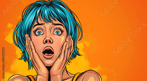 Shocked and afraid comic woman pop art style with blue hair and blue eyes is looking at the camera with her hands on her face