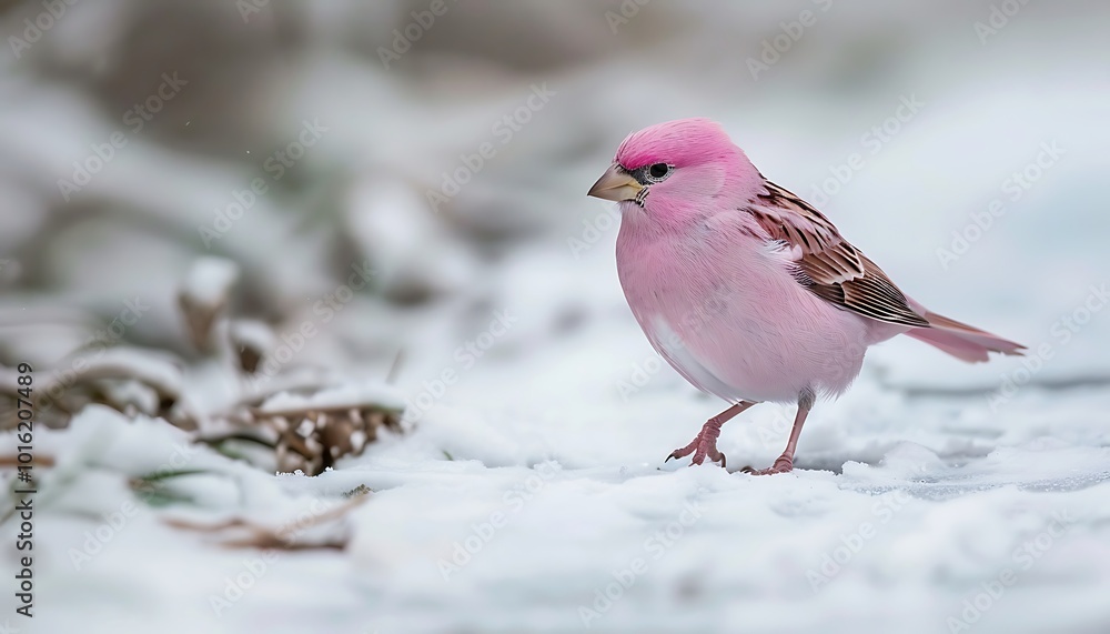soft pink sparrow hopping along snow-covered path the delicate pink feathers creating gentle contrast