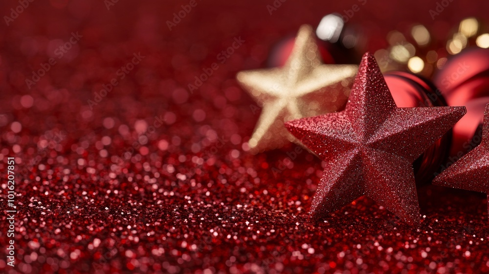 Shimmering red glitter background with scattered golden stars, blurred glowing texture for Christmas celebrations Shimmering red glitter background with scattered golden stars, blurred glowing texture for Christmas celebrations