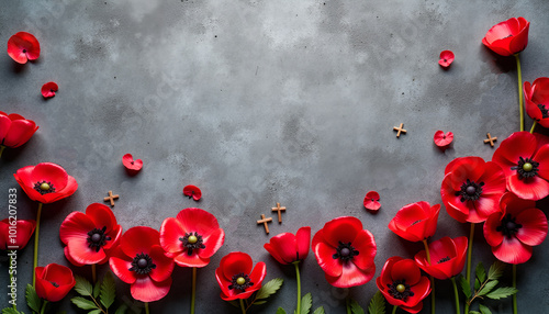 Red poppy flowers arranged on a gray background with copy space for text