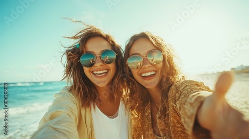 Amidst a bright, sunny beach, two women laugh joyously, capturing spontaneous happiness and freedom, embodying the carefree spirit of coastal living in the sun.