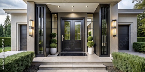 A contemporary home entrance with black double doors, flanked by vertical windows and illuminated by wall sconces, leading to a welcoming walkway with manicured landscaping.