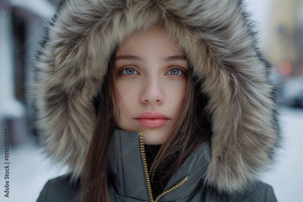Glamour female model woman wearing winter fashion a fur coat with a hood over her head Glamour female model woman wearing winter fashion a fur coat with a hood over her head
