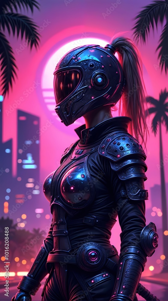 Fototapeta premium Futuristic Cyber Samurai Standing in Neon City at Night