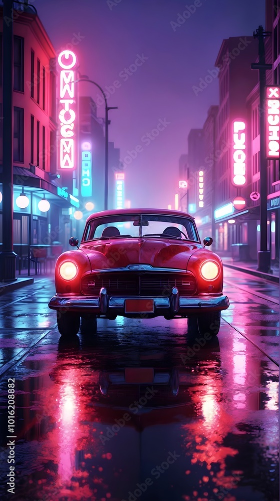 Retro Synthwave Car Under Neon Rain at Night Retro Synthwave Car Under Neon Rain at Night