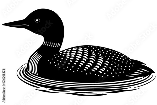 Lineocut vector art illustration of a loon bird on water white background