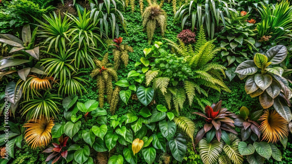 Fototapeta premium A verdant tapestry of leaves, vines, and ferns, interwoven with bursts of vibrant color, creates a lush and intricate living wall.