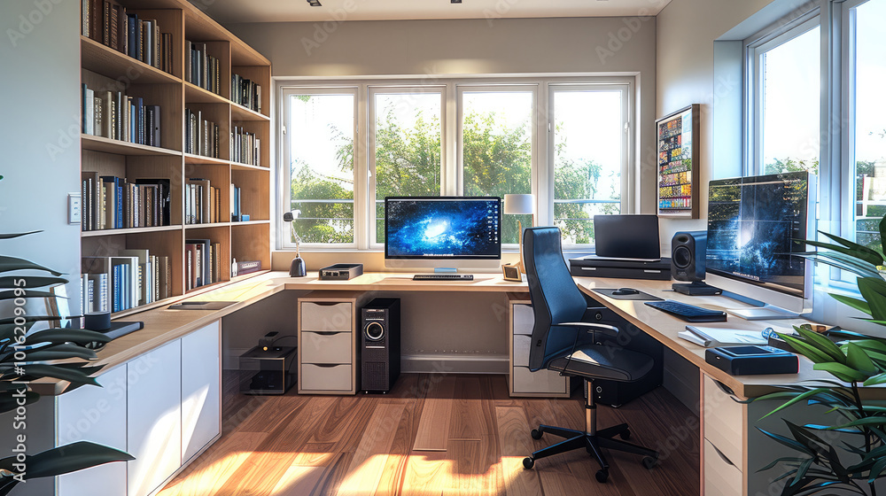 Home office, large L-shaped desk, two computers and monitors. Home office, large L-shaped desk, two computers and monitors.