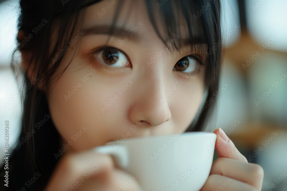 Japanese woman is drinking a hot morning herb tea from a white cup Japanese woman is drinking a hot morning herb tea from a white cup