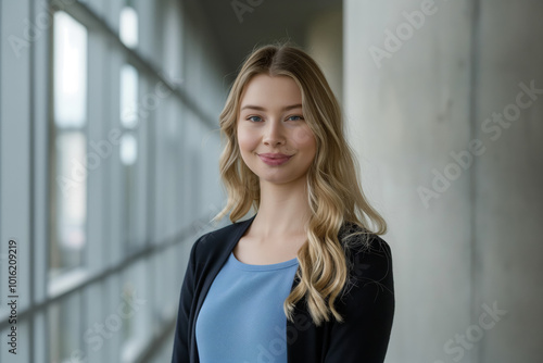 Intellectual blonde Swedish female student posing in a blue shirt and a black jacket Free Download Intellectual blonde Swedish female student posing in a blue shirt and a black jacket - GFXLoad