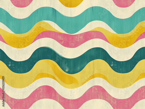 Funky retro wallpaper design with multicoloured stripes in a playful wiggly design. The vibrant blend like mustard, teal, and pink shades in a striking visual pattern vintage grunge paper texture.