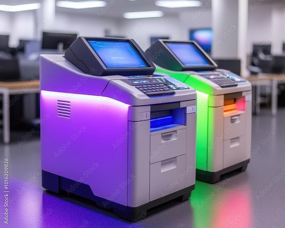 Modern ATMs with colorful LED lights. Modern ATMs with colorful LED lights.