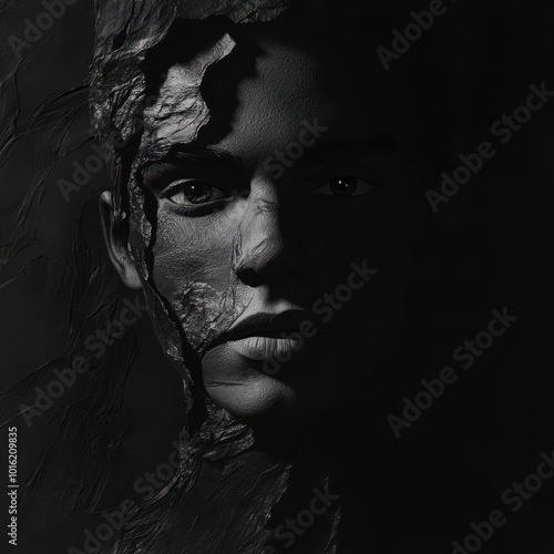 Dramatic black and white portrait, strong shadows, textured effect, 3D illustration photo