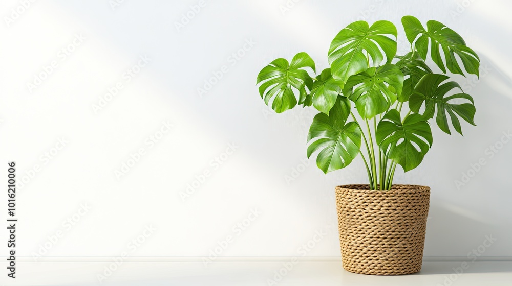 Obraz premium A vibrant monstera plant thrives in a woven pot, basking in warm sunlight that casts gentle shadows on the white wall, enhancing the peaceful ambiance of the space