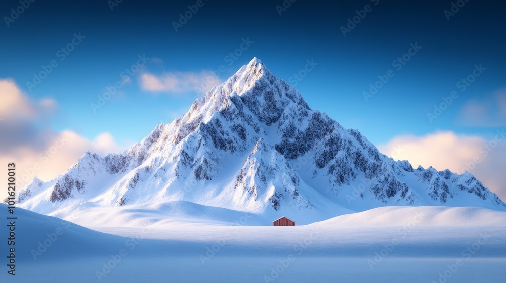 Fototapeta premium Snow-dusted rocky mountain range with icy cliffs and glowing sunlight breaking through the clouds 