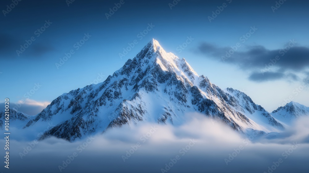 Obraz premium Snow-dusted rocky mountain range with icy cliffs and glowing sunlight breaking through the clouds 