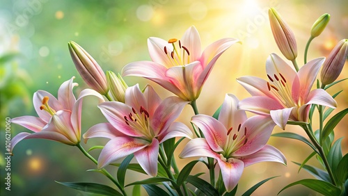 Delicate pink lilies bloom gracefully in a soft light, showcasing their elegant petals and vibrant hues against a backdrop of gentle green bokeh.