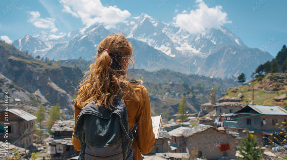 Naklejka premium Girl sketching a picturesque village scene in her sketchbook, with the mountains in the background