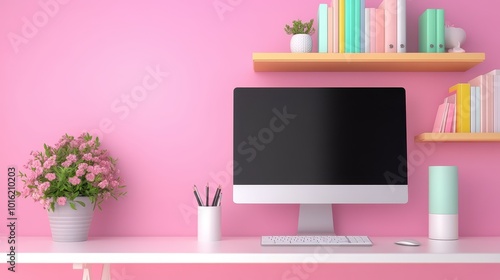 Modern workspace with pink background