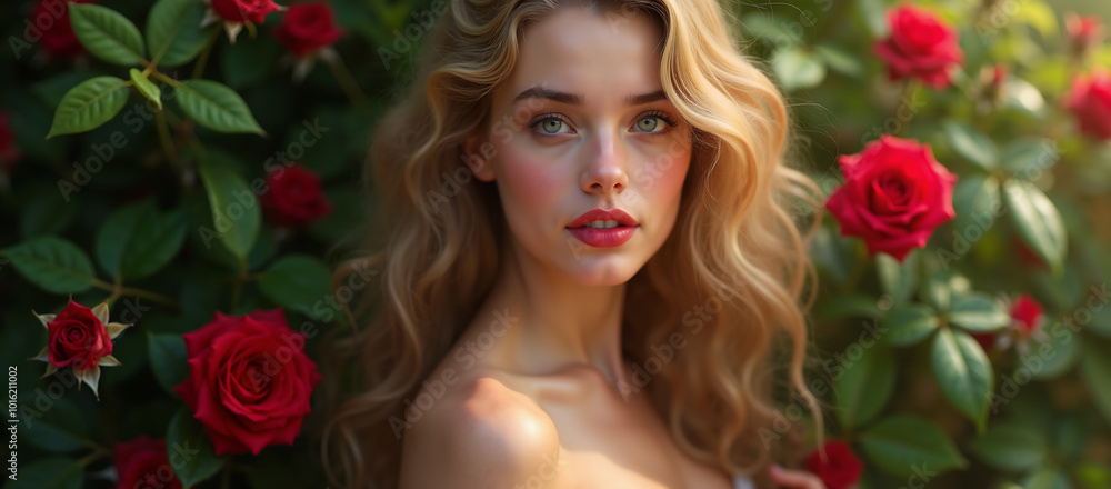 Beautiful blonde woman on the background of red roses Beautiful blonde woman on the background of red roses