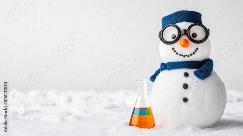 Snowman dressed as a scientist, wearing goggles and a lab coat, standing next to a snow beaker with colorful frozen liquids, white background for text  photo