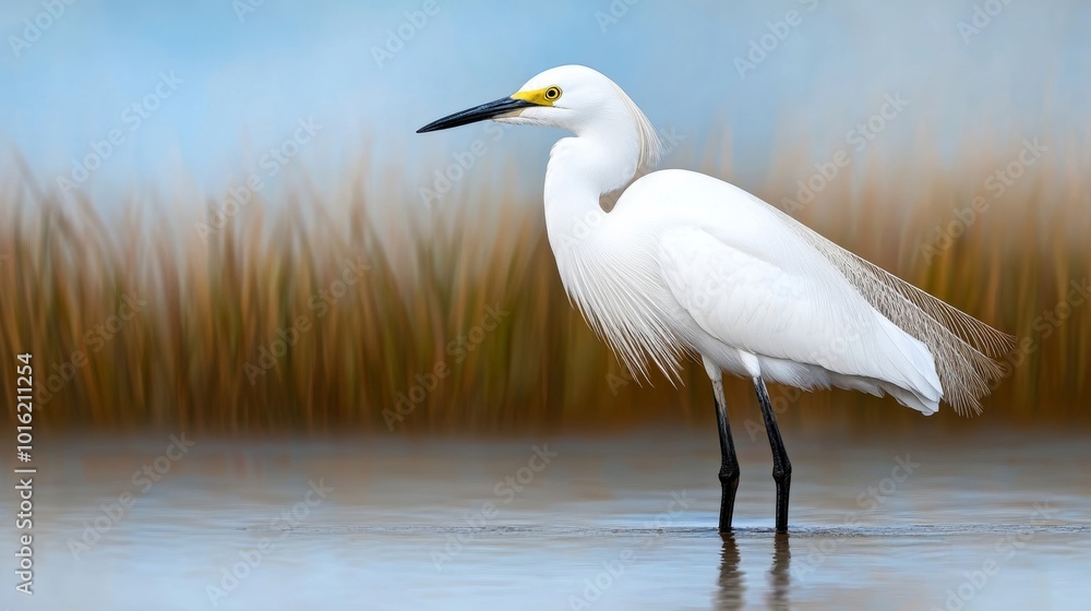 Snowy egret standing in a shallow frozen marsh, its white plumage blending seamlessly with the icy reeds, soft morning light illuminating the scene Snowy egret standing in a shallow frozen marsh, its white plumage blending seamlessly with the icy reeds, soft morning light illuminating the scene