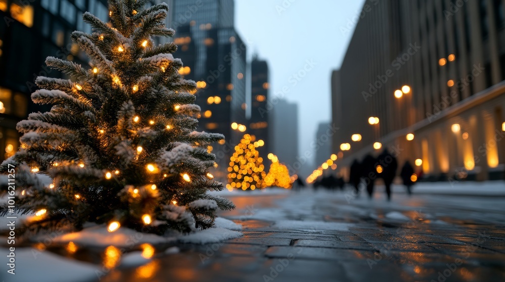 Snowy evening in a bustling city square with holiday lights, frosted trees, and people walking through the snow Snowy evening in a bustling city square with holiday lights, frosted trees, and people walking through the snow