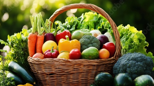 Fresh organic fruits and vegetables in wicker basket