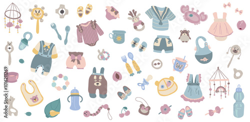 Set It's a baby. Hello baby. White background, isolate.  Dresses, overalls, bows, toys, dishes.
